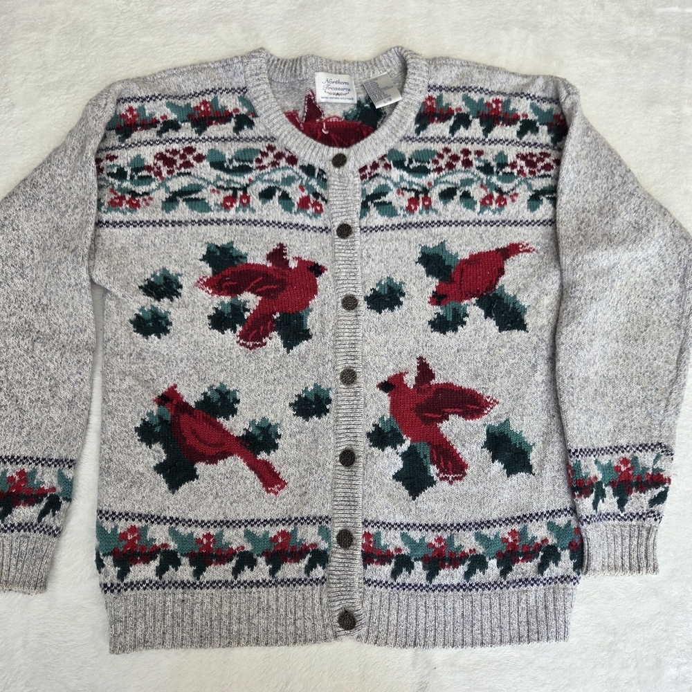 Classic Red Cardinal Crewneck Cardigan Sweater - Women